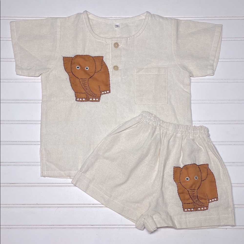 ARTISAN HANDMADE EUC 100% Cotton Hand Stitched Elephant Appliqué Elastic Set